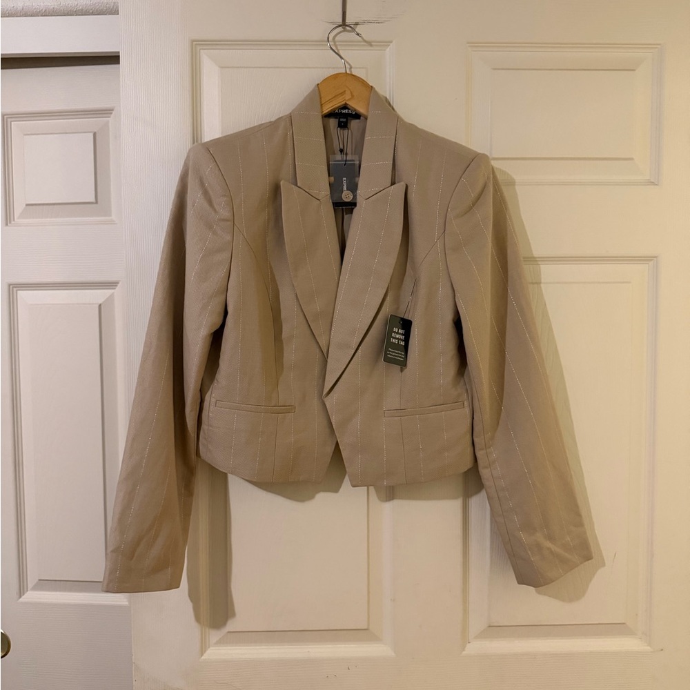 Express Tailored Womens Pinstripe Cropped Blazer - Beige